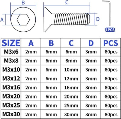 80 stuks M3 X 12 mm schroeven met verzonken kop zwart roestvrij staal A2 V2A verzonken kop binnenzeskant schroeven DIN 7991 verzonken schroeven volledige schroefdraad met binnenzeskantsleutel
