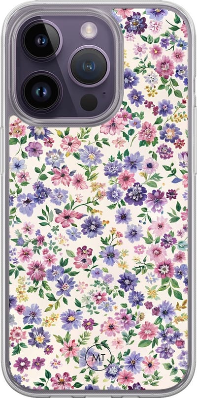 Hybride hoesje geschikt voor iPhone 14 Pro - Paarse bloemen - Extra bescherming - Luxe beschermhoes - TPU case - Transparant, Paars - Mooie Telefoonhoesjes