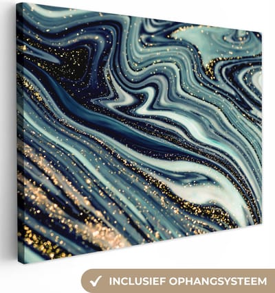 Canvas schilderij 80x60 cm - Wanddecoratie Marmer - Goud - Blauw - Glitter - Marmerlook - Abstract - Muurdecoratie woonkamer - Slaapkamer decoratie - Kamer accessoires - Schilderijen op canvas