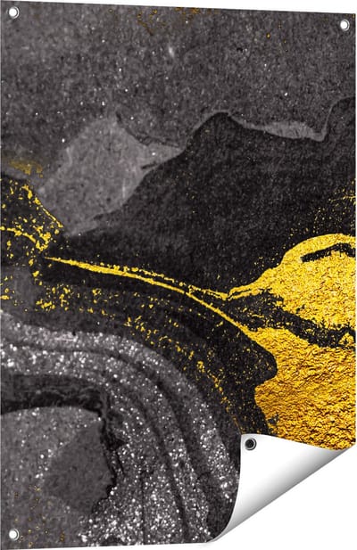 Gards Tuinposter Abstracte Kunst - Zwart Gouden Marmer - 60x80 cm - Tuindoek - Tuindecoratie - Wanddecoratie buiten - Tuinschilderij