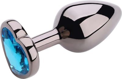 PLGZ - Hartvormige Metalen Buttplug - Zwart Metallic - Blauwe Siersteen - Verkrijgbaar in 3 maten Small