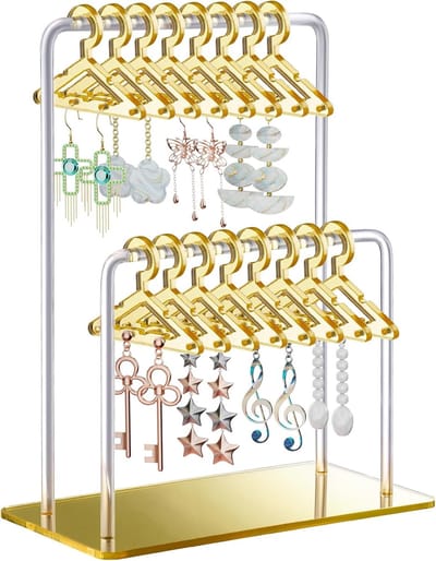 Acryl oorbelhouder met uniek tweetraps design, schattige miniatuur kleerhangers met ruime opbergruimte voor 48 paar, spiegeldisplay voor thuis wastafel en detailhandel