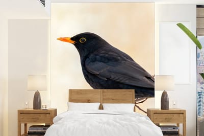 Behang - Fotobehang Merel - Vogel - Takken - Bes - Rood - Breedte 195 cm x hoogte 260 cm