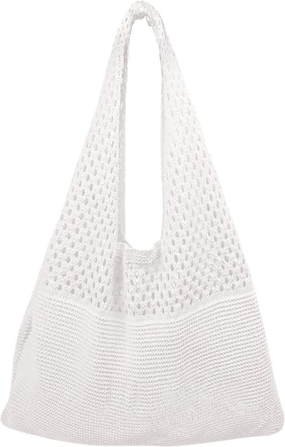 Zomerse Haak Strandtas voor Dames, Gebreide Schoudertas in Wit, Perfect voor Reizen, Winkelen en Schoolgebruik
