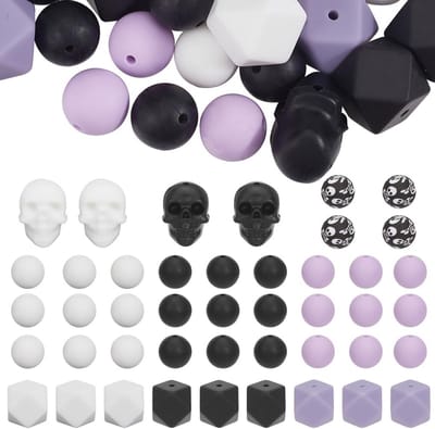 Kralen, Halloween doodskop, 15 mm, paars, zwart, wit, brandparels van siliconen voor op vakantie, skelet, rubberen kralen, gesorteerd voor het maken van sieraden