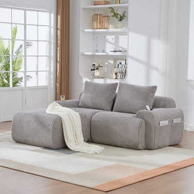 MODFU 2-Zits Modulaire Bank - Met Bekerhouder En Opbergvak - Modern - Voor Woonkamer - Cordstof - Lichtgrijs - 200 X 174 X 80 Cm