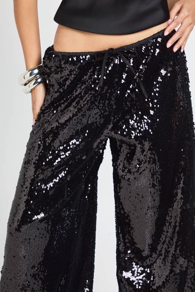boohoo Dames Petite lage taille broek met trekkoord en pailletten | Zwart | Maat: 34
