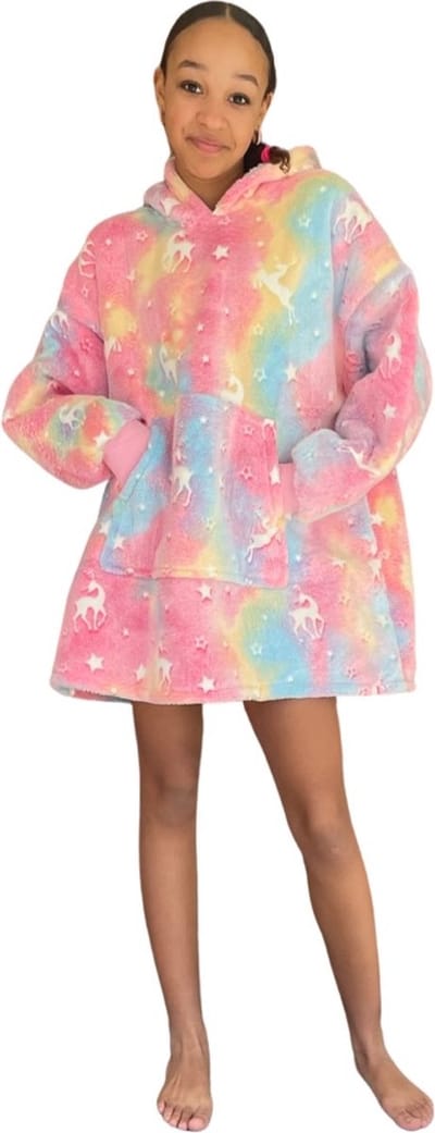 Badrock Hoodie deken - Fleece kinder poncho - plaid met mouwen en capuchon voor kinderen - oversized hoodie kind - fleece deken met mouwen – hoodie blanket - TV deken – zacht & warm - unicorn - 134 t/m 164