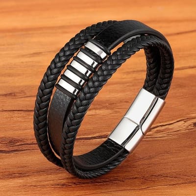Bracelet à breloques magnétique en acier inoxydable pour homme, en cuir véritable tressé, style punk rock, accessoires de bijoux, ami 19cm white