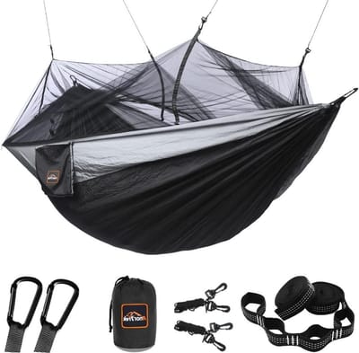 Campinghangmat met klamboe - Dubbele hangmat Parachute hangmat - Outdoor ontspanning - Ingebouwd muggennet - 250 x 130 cm - Zwart/Grijs