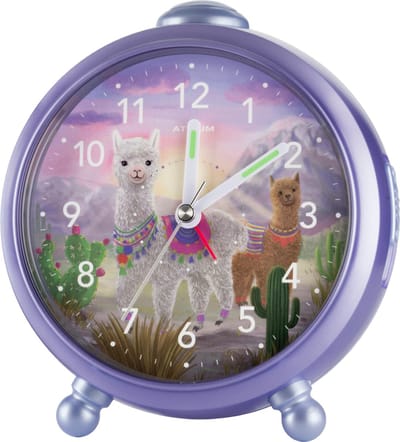 ATRIUM - Wekker - Kinderen - Meisjes - Analoog - Alpaca's - Lila - Zonder tikgeluid - Snooze - Licht/ wijzerplaatverlichting - Glow in the dark wijzers - Grote knoppen - Wekkers Slaaplamer - A932-8