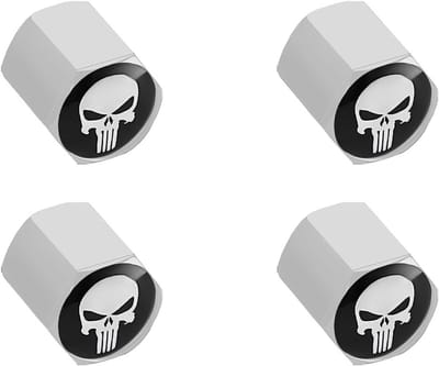 Set van 4 Persoonlijke Zilveren Hexagon Ventieldoppen voor Auto met Skull Design - Unieke Autoaccessoires