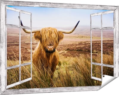 Gards Tuinposter Doorkijk Schotse Hooglander Koe in het Veld - 150x100 cm - Tuindoek - Tuindecoratie - Wanddecoratie buiten - Tuinschilderij