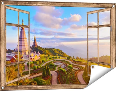Gards Tuinposter Doorkijk Pagode Tempels in de Inthanon Berg in Thailand - 90x60 cm - Tuindoek - Tuindecoratie - Wanddecoratie buiten - Tuinschilderij