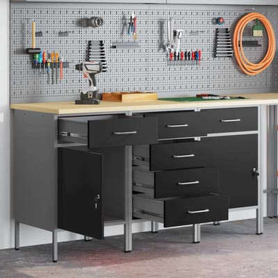 vidaXL - Werk - Cabinet - met - lade - 3 - st - Zwart - en - Grijs - 150 - x - 55 - x - 85 - cm