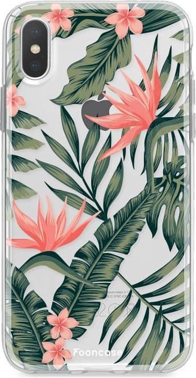 Fooncase Hoesje Geschikt voor iPhone XS - Shockproof Case - Back Cover / Soft Case - Tropical Desire / Bladeren / Roze