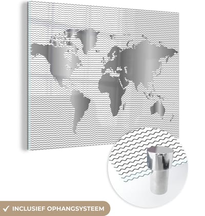 ® Glasschilderij 120x90 cm - Schilderij acrylglas - Wereldkaart - Goud - Golven - Foto op glas - Muurdecoratie woonkamer - Wanddecoratie slaapkamer - Schilderijen