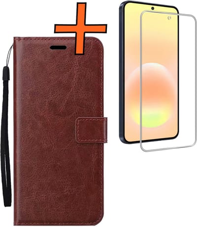 Hoes - Met Screenprotector - Geschikt voor Samsung Galaxy A57 - Luxe Pasjeshouder - Bookcase Portemonee - Flip Case - Kunstleer Book Case - Flipcase - Book Cover - Walletcase - PortemonneeHoes - Bruin