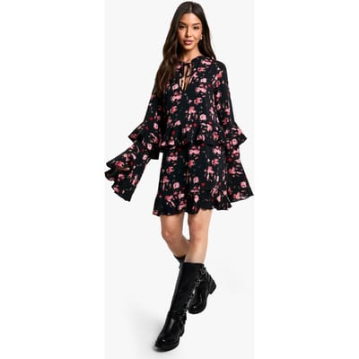 boohoo Dames Bloemenprint Skaterjurk met Lange Mouwen en Sleutelgat Detail | Zwart | Maat: 36