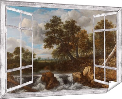 Gards Tuinposter Doorkijk Landschap met Waterval - Jacob van Ruisdael - 180x120 cm - Tuindoek - Tuindecoratie - Wanddecoratie buiten - Tuinschilderij
