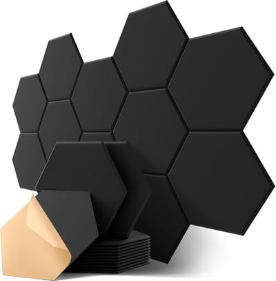 Famanu - 12 hexagon zelfklevende akoestische panelen hoge dichtheid schuim 30x26x0.9cm zwart