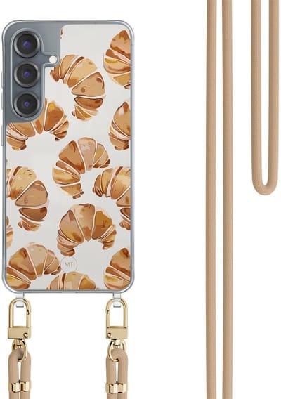 Hoesje met koord geschikt voor Samsung Galaxy S25 - Croissant - Inclusief Beige koord - Crossbody beschermhoes - Transparant, Bruin - Mooie Telefoonhoesjes