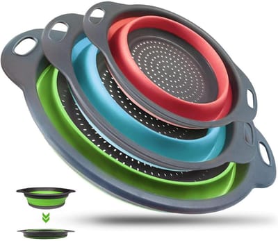 GELLDG 3 stuks keukenafvoermandjes - Opvouwbare pastazeefjes - Keukengerei - opvouwbare vergiet - Voor het afgieten van pasta, groenten en fruit - Verkrijgbaar in 3 kleuren