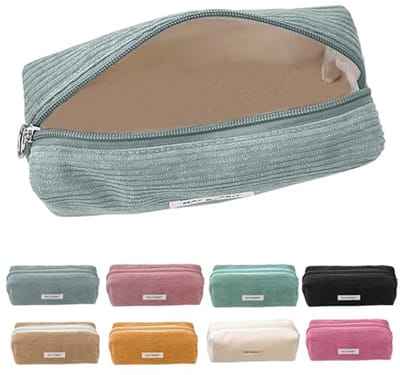 Praktische geribbelde etui voor school en kantoor - Lichtgrijze corduroy pennenetui met ritssluiting