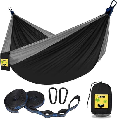 Draagbare hangmat - Dubbele hangmat - Outdoor ontspanning - Verstelbare boombanden - 300 cm lengte - Zwart/grijs