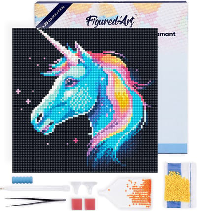 Figured'Art Mini Diamond Painting set Volwassenen 25x25 cm met lijst Neon Eenhoorn - 5D DIY Art full drill ronde diamant - Canvas al ingelijst