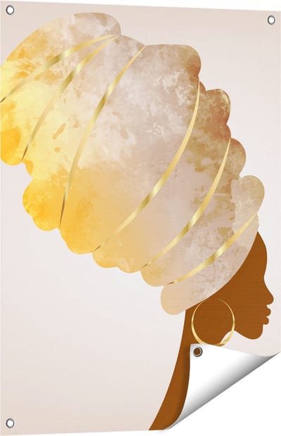 Gards Tuinposter Afrikaanse Vrouw met Gouden Tulband - 60x80 cm - Tuindoek - Tuindecoratie - Wanddecoratie buiten - Tuinschilderij