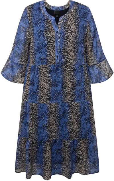 Ulla Popken - Dames - Midi-jurk A-lijn tuniekhals 3/4-mouwen met volants - Marine - Maat 50+