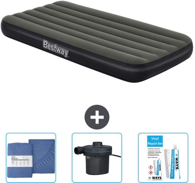Bestway luchtbed - 1-Persoons - 99 x 188 x 28 cm - Blauw - Inclusief pomp - Hoeslaken - Pomp en Reparatieset