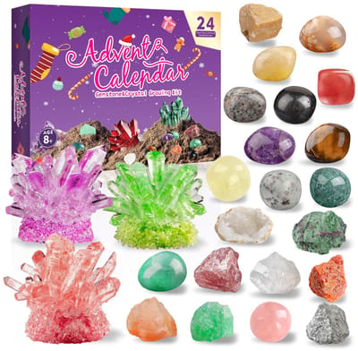 Adventskalender 2026 - 24 dagen kerstkalender met kristal kweekset - helende kristallen - edelstenen - mineralen - fossielen - adventskalender - wetenschapskit - stenenverzameling om van te leren