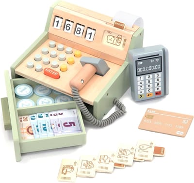 Houten kassa voor kinderen - Inclusief accessoires (scanner, betaalterminal, speelgeld, enz.) - Rollenspelwinkel met accessoires voor kinderen van 3, 4, 5 en 6 jaar