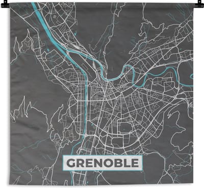 Wandkleed - Wanddoek - Grenoble - Frankrijk - Plattegrond - Kaart - Stadskaart - 180x180 cm - Wandtapijt