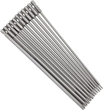 11-delige Torx lange schroevendraaier bit set, magnetische bits met 1/4 inch hex shank, S2 staal, geschikt voor elektrisch gereedschap, T6-T40, ideaal voor precisiewerk en klussen.