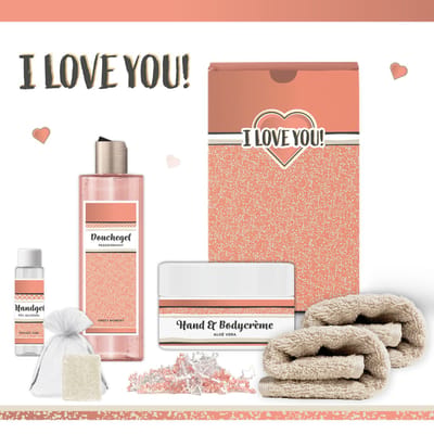 Geschenkset “I love you!” - 6 producten - 580 gram - Triomf Cosmetica | Giftset voor haar Luxe wellness cadeaubox Valentijn Gift Vriendin Cadeau vrouw Set Valentijnsdag Geschenk Hartje Cadeaupakket Moeder Giftset Ik hou van jou Girlfriend Zalm Roze