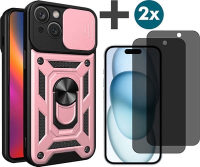 Hoesje met Privacy screenprotectors 2 stuks Geschikt voor iPhone 15 Plus met Ringhouder en Camera schuifje - Arara backcover - Rosegoud