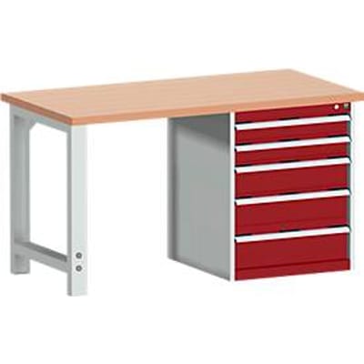 Bott cubio werkbank, met ladekast, stalen frame, rood beukenhouten blad 40 mm, B 1500 x D 750 x H 840 mm, 1200 kg, paars RAL 3004/lichtgrijs RAL 7035