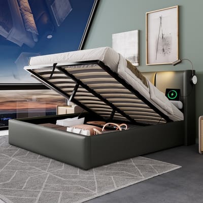 Gestoffeerd tweepersoonsbed met opbergbox en leeslamp - 160x200 cm - Beige - Inclusief lattenbodem - Hydraulisch opbergsysteem - Geïntegreerde USB-laadfunctie - Robuust frame tot 300 kg
