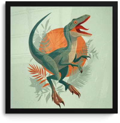 Poster in lijst - Fotolijst 40x40 cm - Posters - Dino - Bladeren - Grafisch - Groen - Posterlijst zwart - Decoratie - Wanddecoratie woonkamer - Muurdecoratie slaapkamer