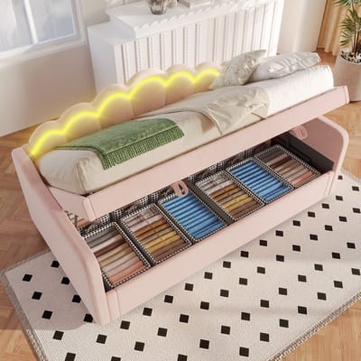 MEUNIQ Slaapbank 90x200 cm met hydraulische opbergruimte, golfvormig hoofdbord en LED-lichtstrip met afstandsbediening, eenpersoons bed voor slaapkamer, roze