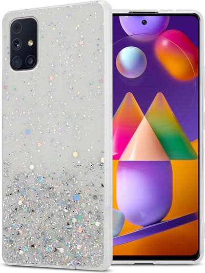 Cadorabo Hoesje geschikt voor Samsung Galaxy M31s in Transparant met Glitter - Beschermhoes van flexibel TPU silicone met fonkelende glitters Case Cover Etui