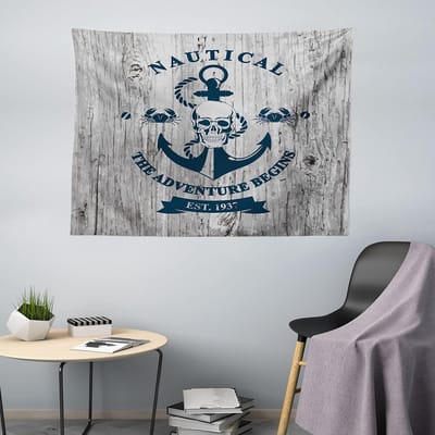ABAKUHAUS nautisch wandtapijt, ankerschedel zeetouw, woonkamer slaapkamer wanddoek zijdezacht satijn wandtapijt, 200 x 150 cm, beige marineblauw