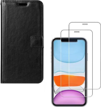 Bookcase Geschikt voor: iPhone 11 Pro - zwart - portemonee hoesje + 2X Tempered Glass Screenprotector