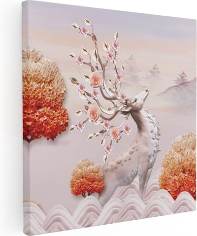 Artaza Canvas Schilderij Hert - 80x80 cm - Wanddecoratie Bloemen - Muurdecoratie Gewei - Decoratie Herfstbomen