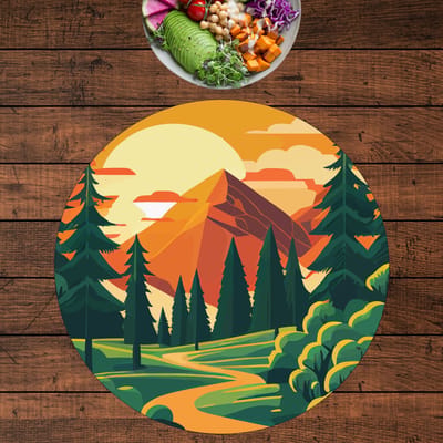 Luxe Ronde Placemat - Getekend - Weg door Bos naar Berg - Set van 8 Placemats - 50x50 cm - 2 mm dik Vinyl - Anti Slip - Afneembaar