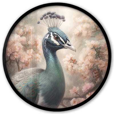 Poster in lijst Rond - Fotolijst 40x40 cm - Posters - Pauw - Vogels - Bloemen - Boom - Botanisch - Ronde posterlijst zwart - Decoratie - Wanddecoratie woonkamer - Muurdecoratie slaapkamer
