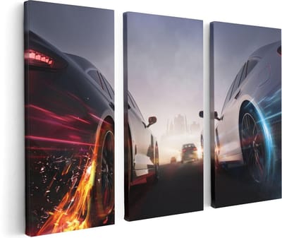 Artaza Canvas Schilderij Drieluik Twee Raceauto's - Blauw Tegen Rood - 120x80 - Foto Op Canvas - Canvas Print